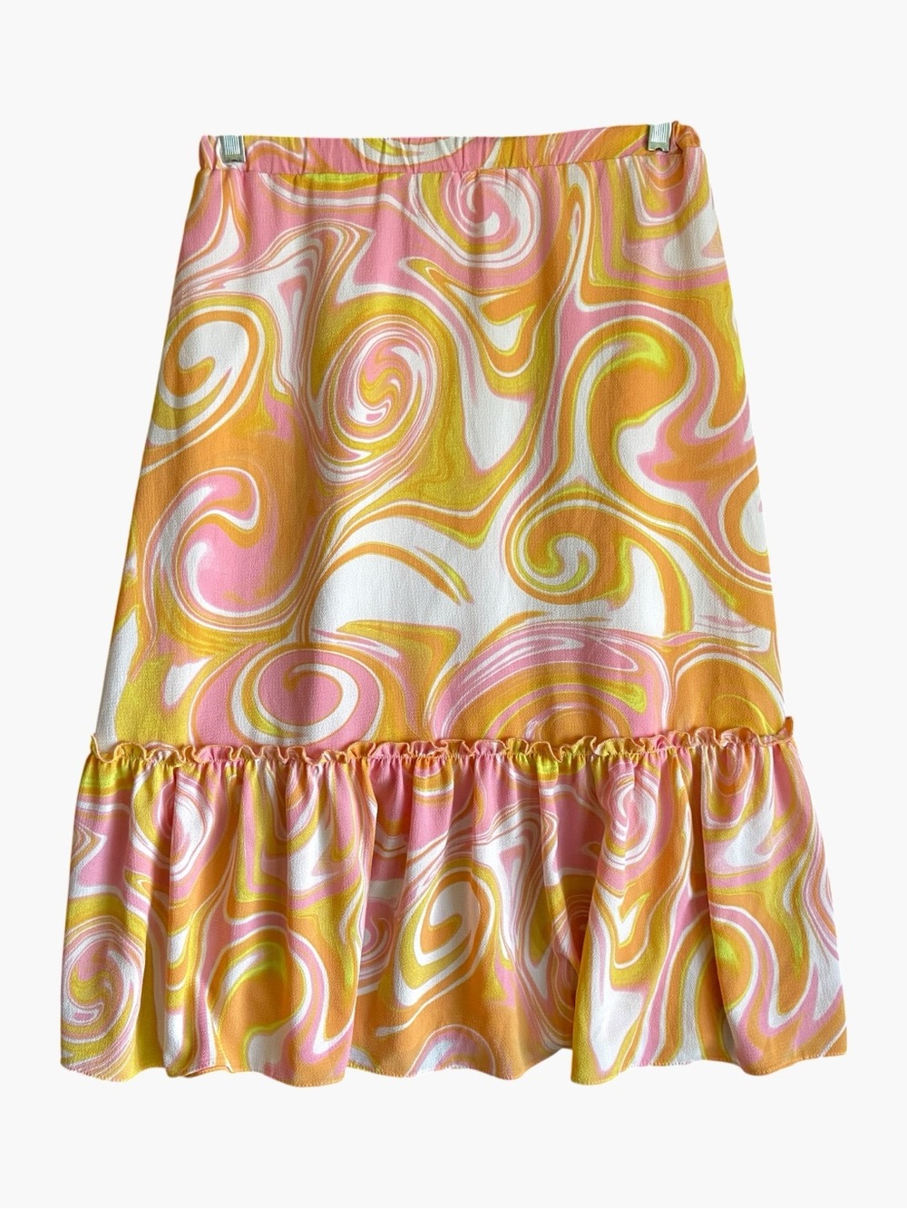 Bonnie Jean | 70s Retro Style Swirl Ruffle Hem Midi Skirt